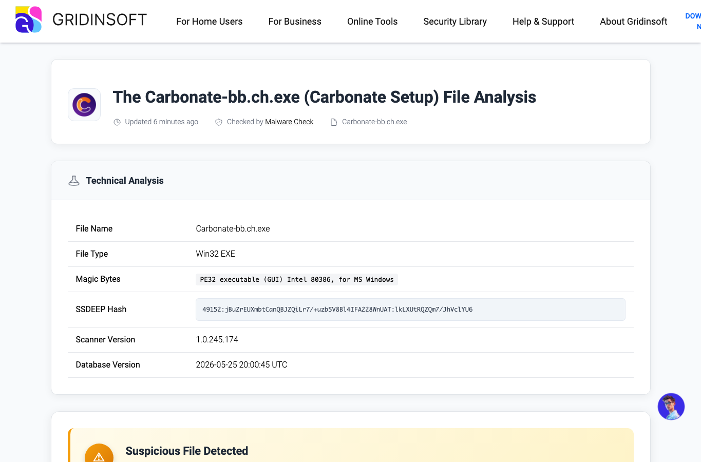 Gridinsoft file report for Carbonate-bb.ch.exe