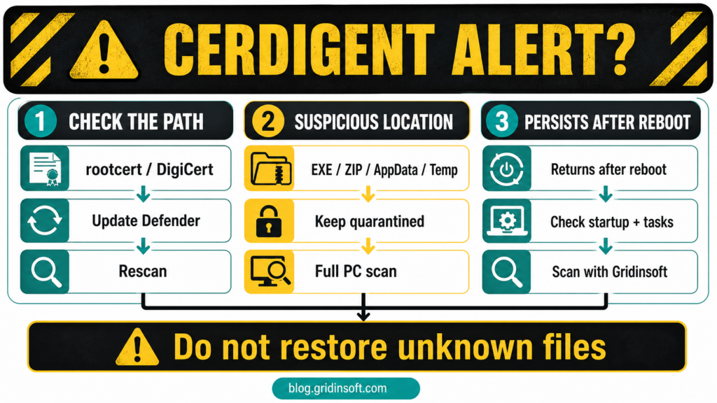 Cerdigent alert decision diagram showing rootcert, suspicious file, and repeat-alert paths.