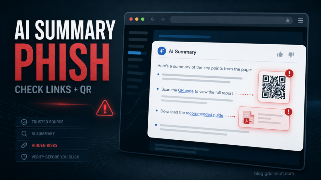 AI summary phishing warning with QR code and suspicious links