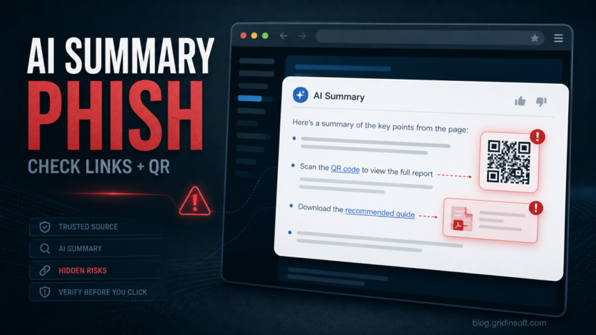 AI summary phishing warning with QR code and suspicious links
