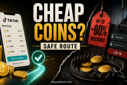Cheap TikTok Coins recharge choices showing official route versus scam discount trap.