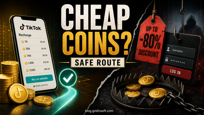 Cheap TikTok Coins: Safest Recharge, VPN Risks & Scams 1 Cheap TikTok Coins recharge choices showing official route versus scam discount trap.