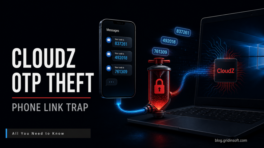 CloudZ OTP theft Phone Link trap editorial illustration