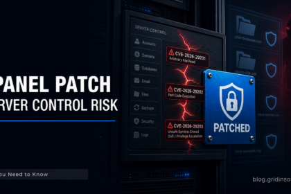 cPanel WHM patch poster showing server control risks sealed by a security plate