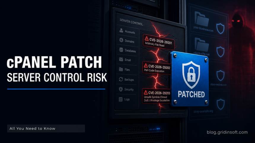 cPanel WHM patch poster showing server control risks sealed by a security plate