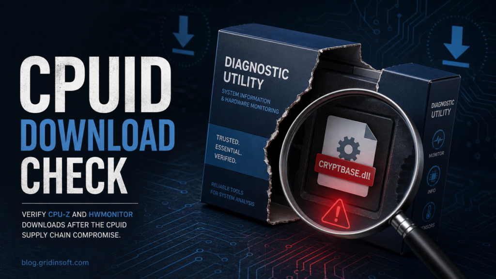 CPUID download check poster showing CPU-Z and HWMonitor downloads inspected for CRYPTBASE.dll.