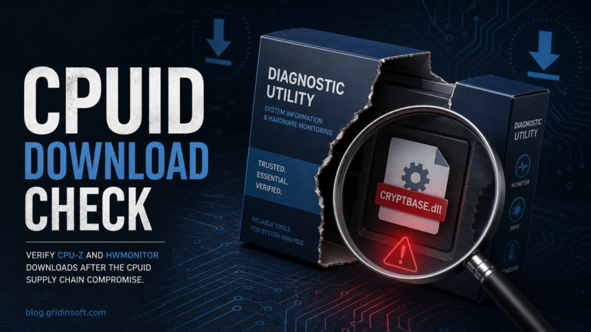 CPUID download check poster showing CPU-Z and HWMonitor downloads inspected for CRYPTBASE.dll.