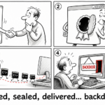 Satirical white-gray cartoon showing a signed DAEMON Tools installer opening a backdoor