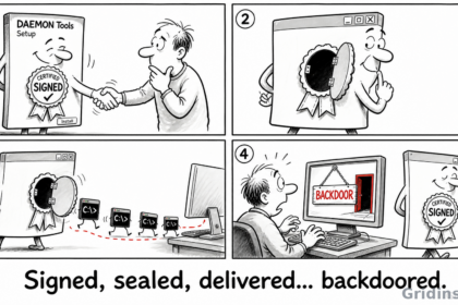 Satirical white-gray cartoon showing a signed DAEMON Tools installer opening a backdoor