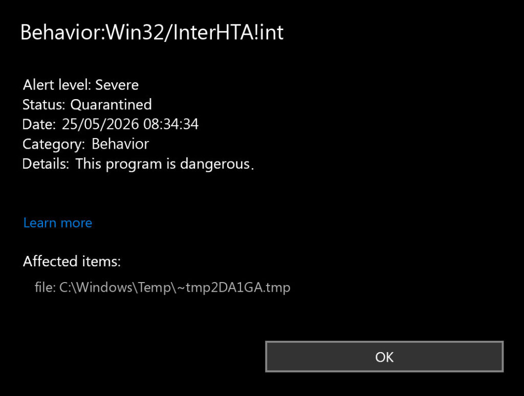 Microsoft Defender alert for Behavior:Win32/InterHTA!int with quarantined affected item path