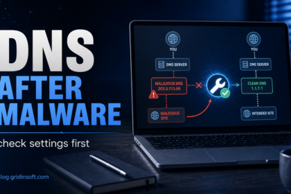 DNS after malware troubleshooting poster showing malicious DNS settings blocked.