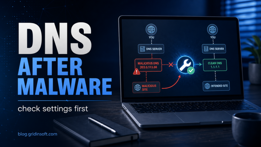 DNS after malware troubleshooting poster showing malicious DNS settings blocked.