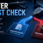 USB plug split between a trusted Windows driver path and a risky unknown installer path.
