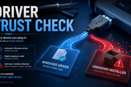 USB plug split between a trusted Windows driver path and a risky unknown installer path.