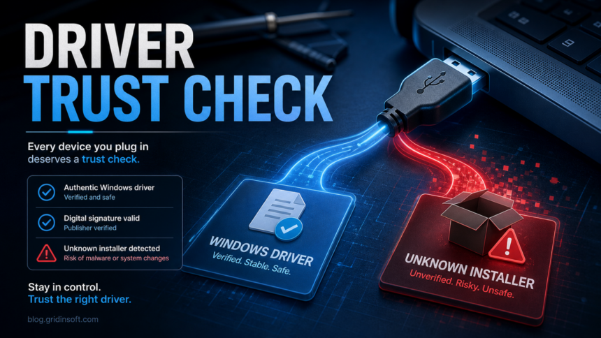 USB plug split between a trusted Windows driver path and a risky unknown installer path.