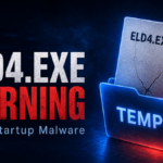 ELD4.exe warning showing a suspicious Temp startup file and malware cleanup checklist.