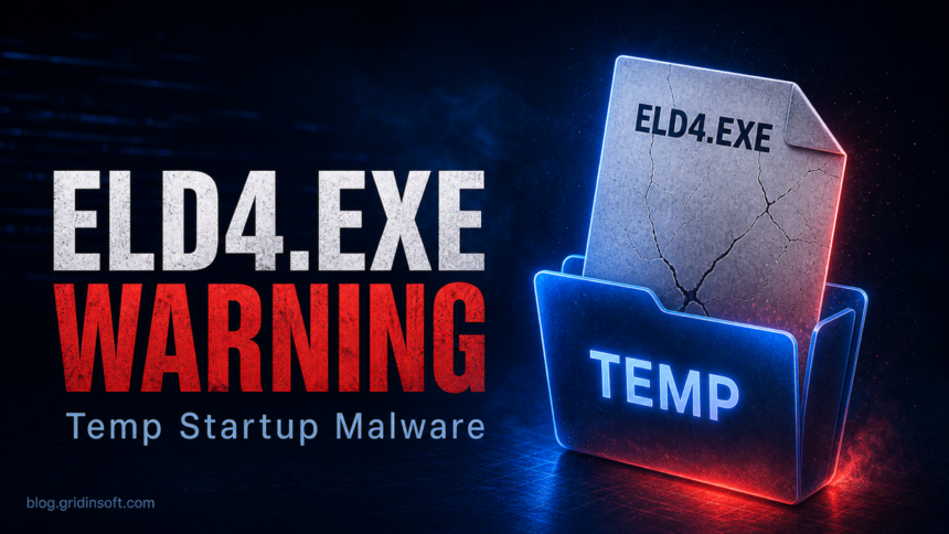 ELD4.exe warning showing a suspicious Temp startup file and malware cleanup checklist.