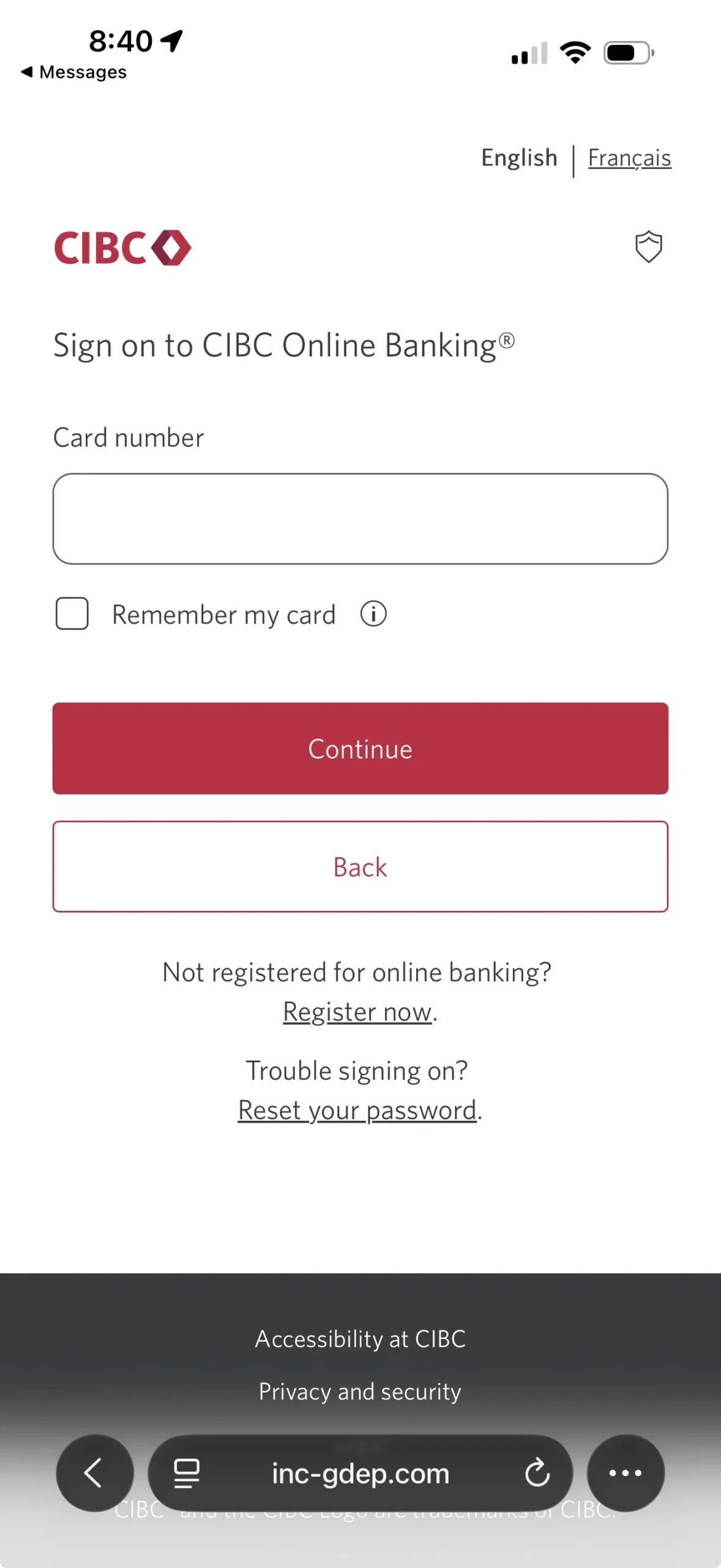 Fake CIBC online banking login page hosted on inc-gdep.com asking for card number