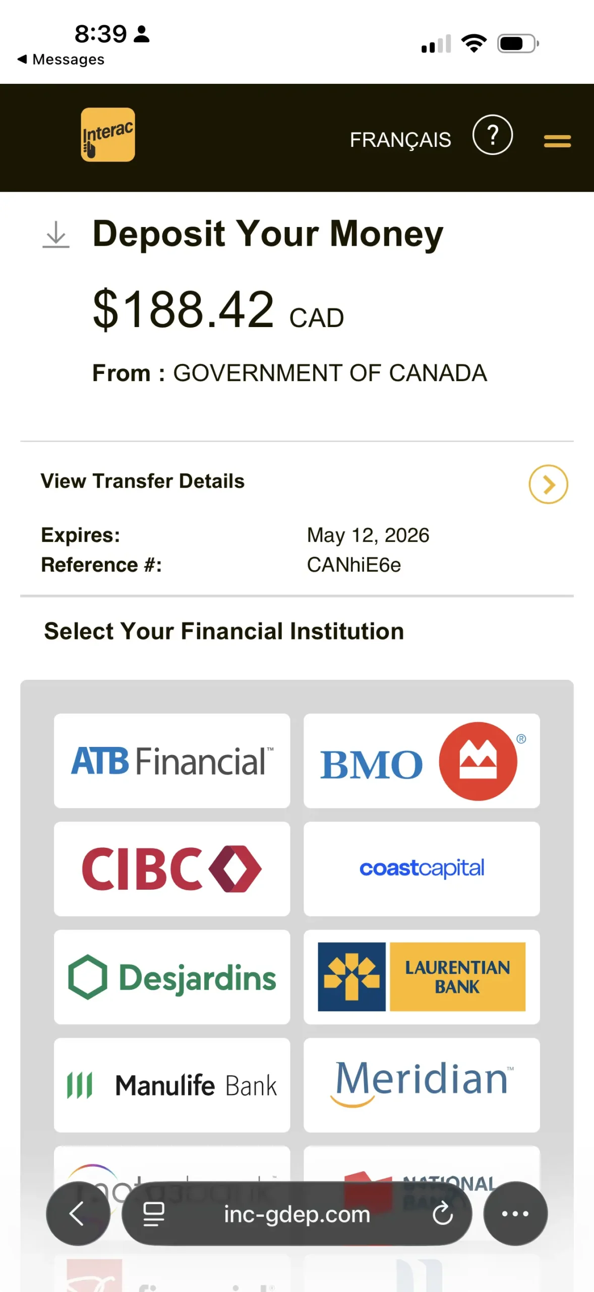 Fake Interac deposit page on inc-gdep.com showing a Government of Canada payment and bank selection