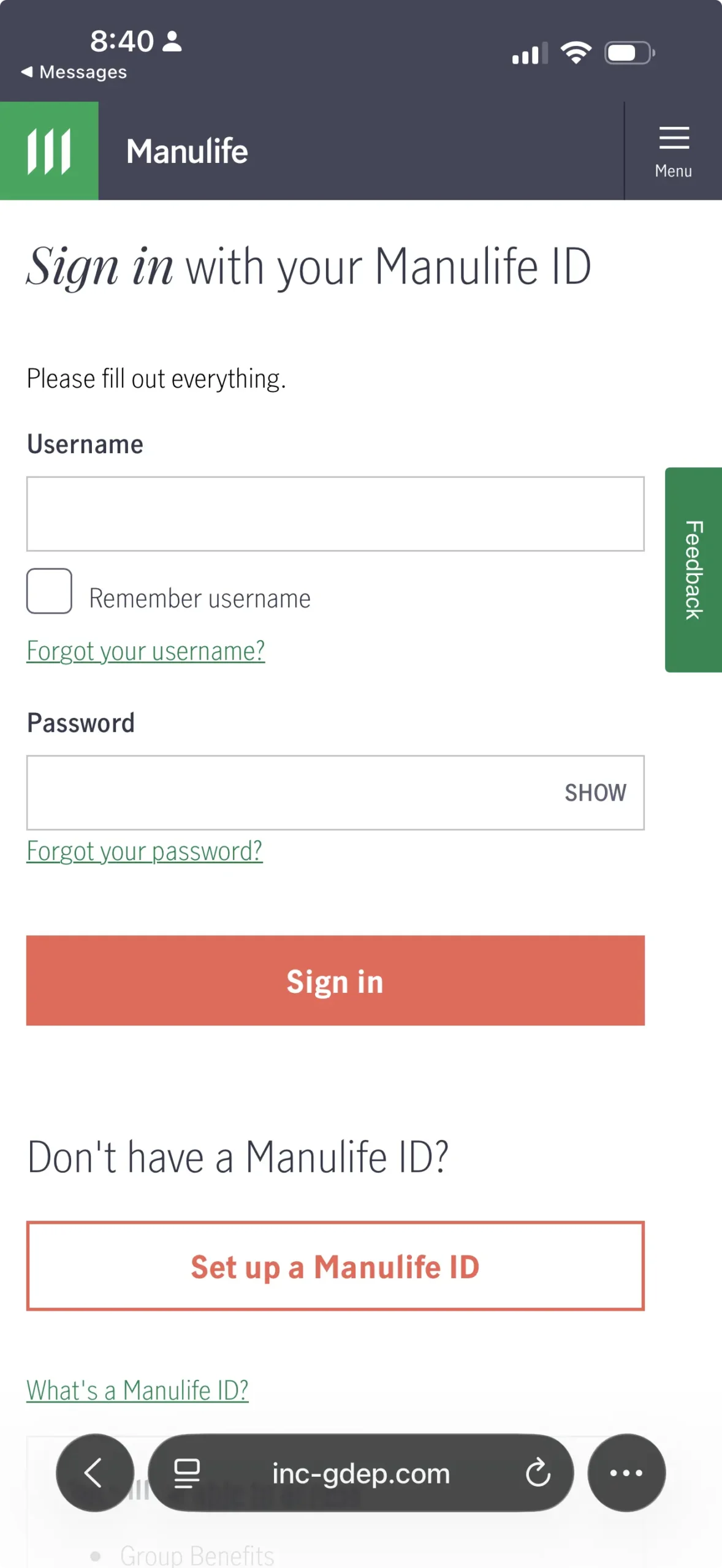 Fake Manulife login page hosted on inc-gdep.com asking for username and password