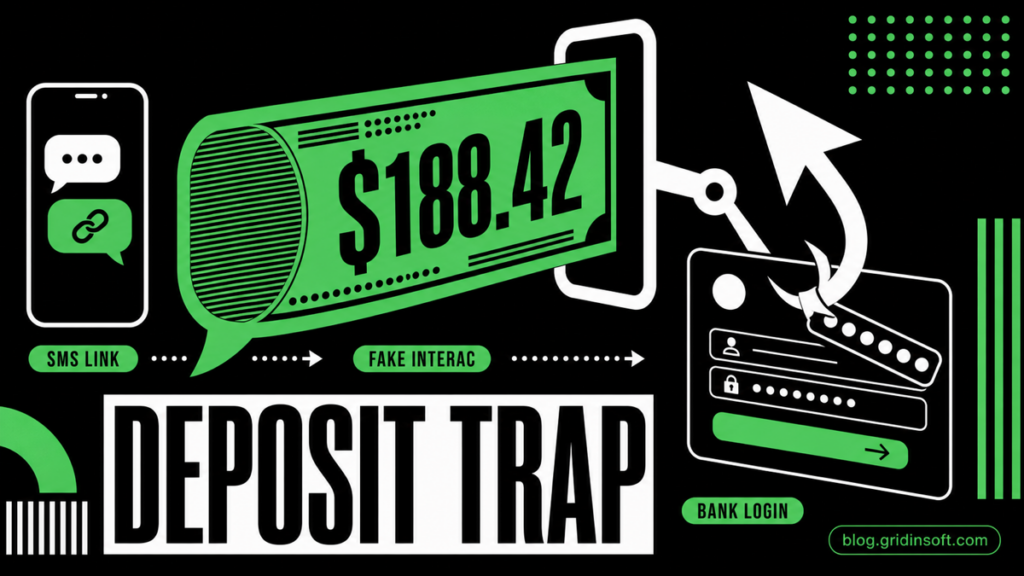 A green $188.42 SMS banknote enters a deposit slot and becomes a hook over a bank login.