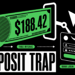 A green $188.42 SMS banknote enters a deposit slot and becomes a hook over a bank login.
