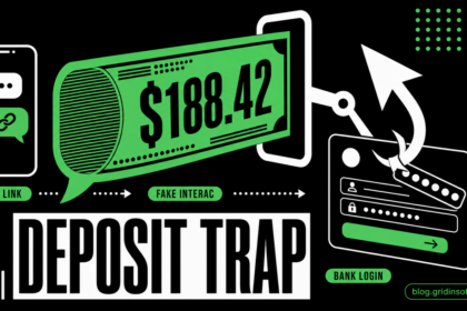A green $188.42 SMS banknote enters a deposit slot and becomes a hook over a bank login.