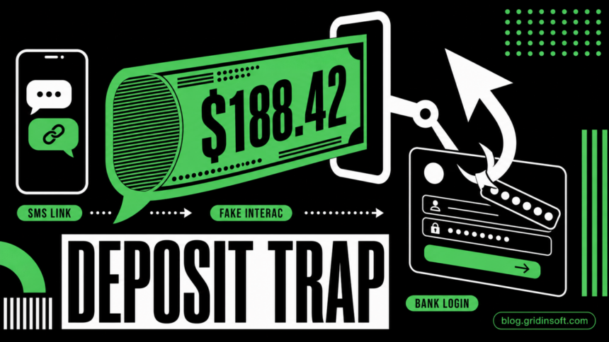 A green $188.42 SMS banknote enters a deposit slot and becomes a hook over a bank login.
