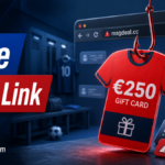 Fake prize link poster showing a football gift card caught by a phishing hook.