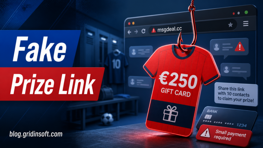 Fake prize link poster showing a football gift card caught by a phishing hook.