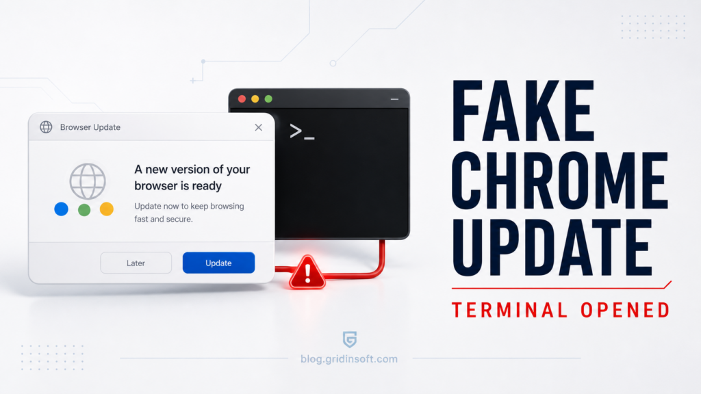 Fake Chrome update pop-up connected to an opened terminal warning