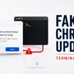 Fake Chrome update pop-up connected to an opened terminal warning