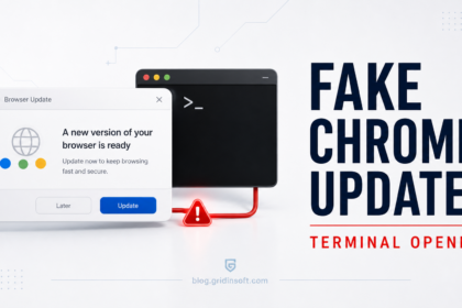 Fake Chrome update pop-up connected to an opened terminal warning