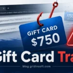 Fake gift card reward shown as a phishing hook with warning sign