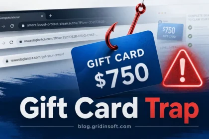 Fake gift card reward shown as a phishing hook with warning sign