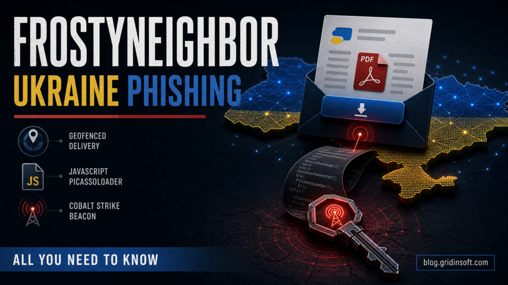 FrostyNeighbor Ukraine phishing PDF lure and PicassoLoader poster