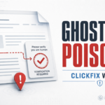 Ghost CMS poisoned website shown with a fake ClickFix verification warning.