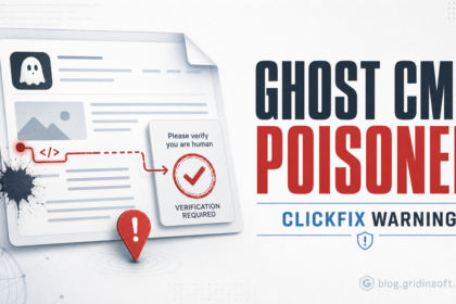 Ghost CMS poisoned website shown with a fake ClickFix verification warning.