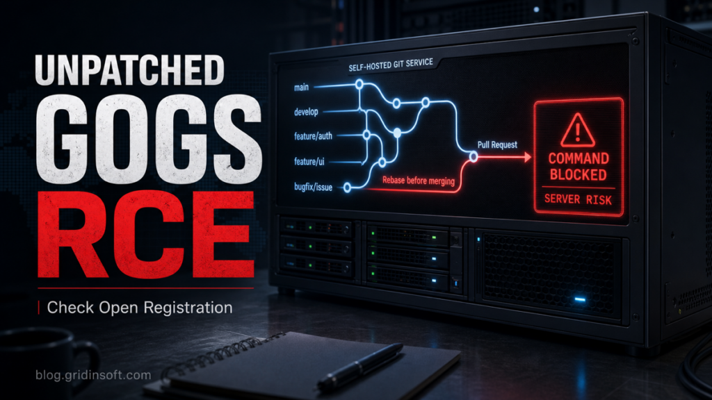 Gogs RCE warning poster with self-hosted Git server and open-registration check