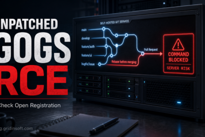 Gogs RCE warning poster with self-hosted Git server and open-registration check