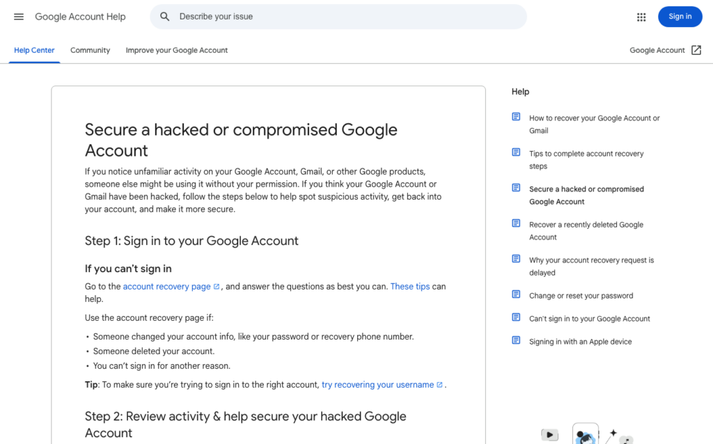 Google Account Help page for securing a hacked or compromised account
