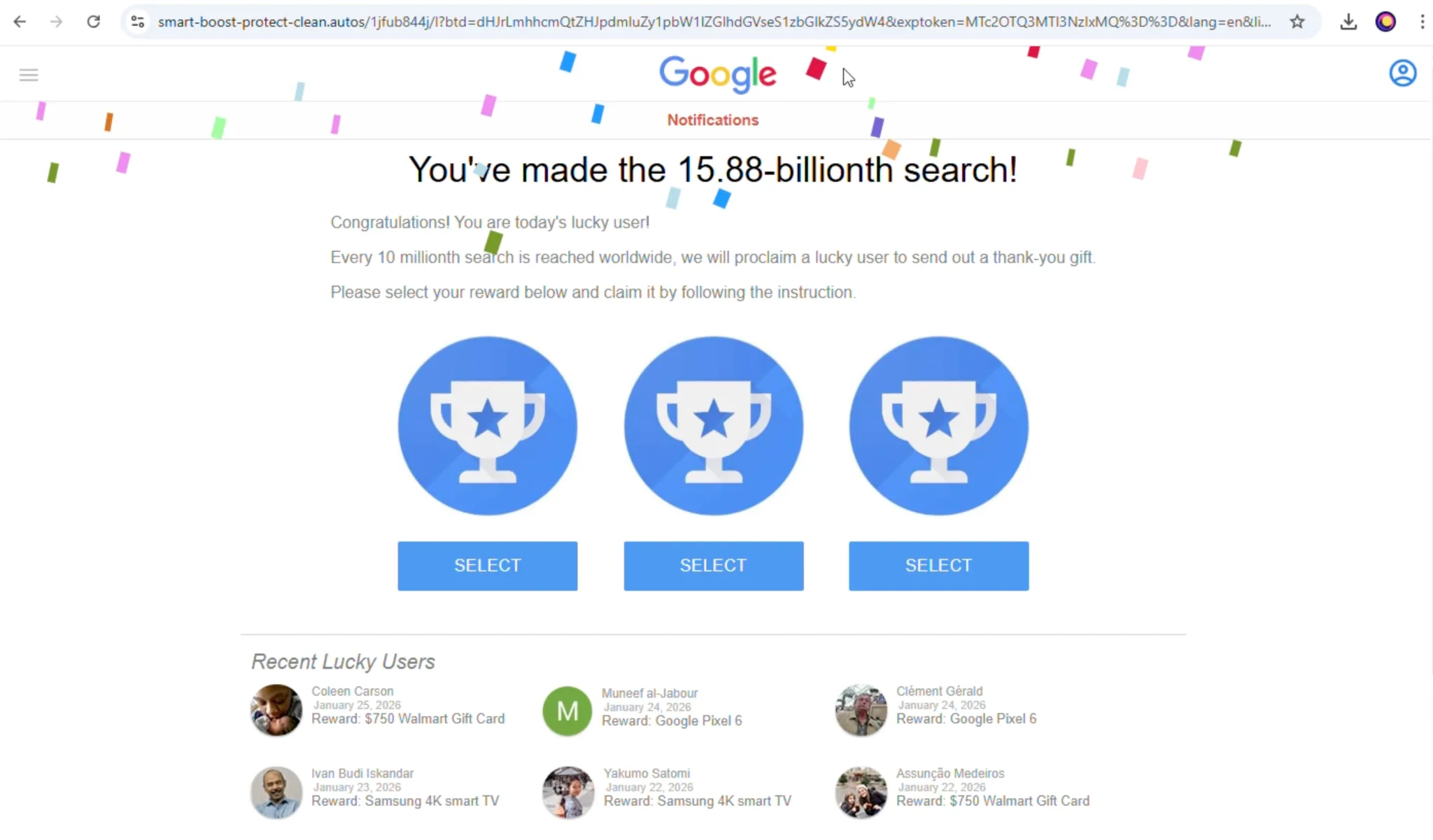 Fake Google-style congratulations page claiming the user made the 15.88-billionth search