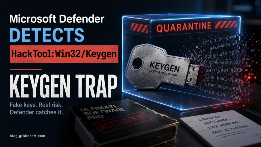 Microsoft Defender warning for HackTool:Win32/Keygen after a key generator or license-bypass tool runs on Windows.