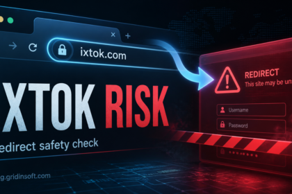 Ixtok.com redirect safety check illustration with a browser address bar leading to a phishing warning.