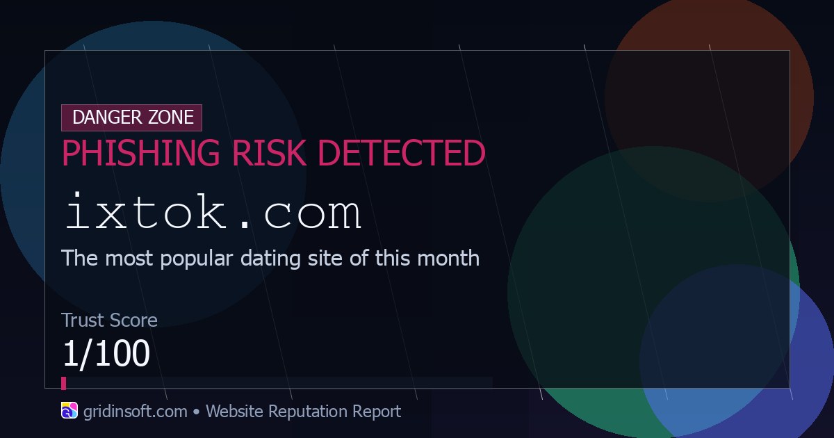 Is Ixtok.com Safe? 2 Gridinsoft ThreatInfo report showing ixtok.com phishing risk and a 1 out of 100 trust score.