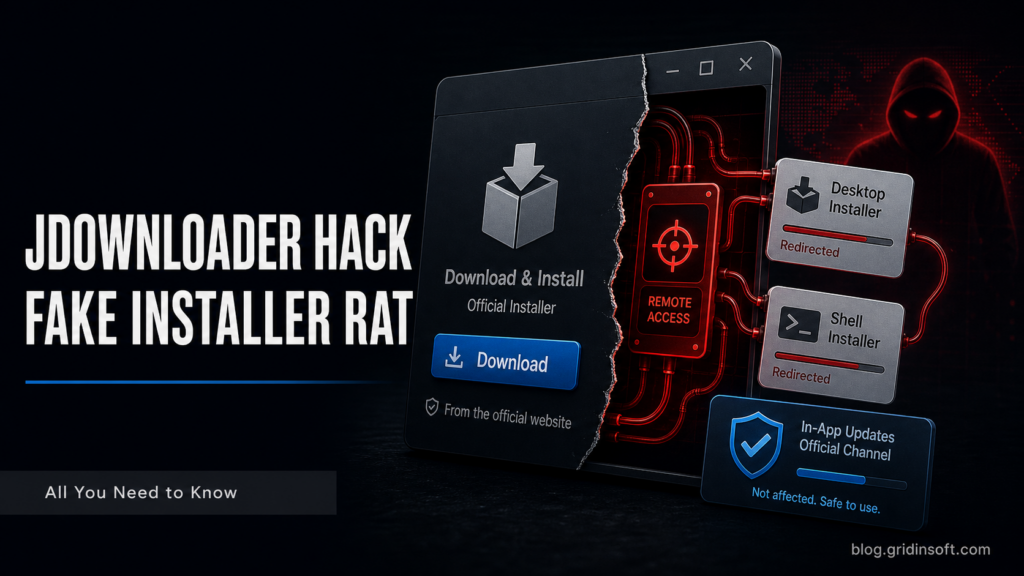 JDownloader hacked installer links poster showing fake installer remote access risk