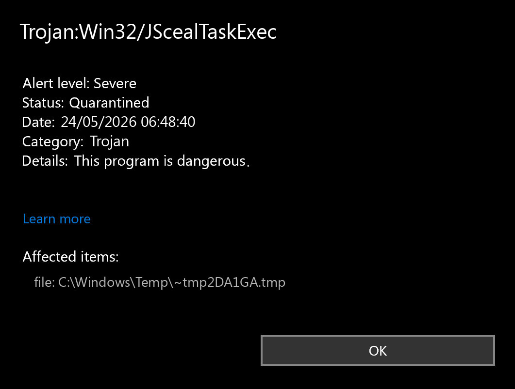 Windows Defender alert for Trojan:Win32/JScealTaskExec showing severe quarantined trojan detection