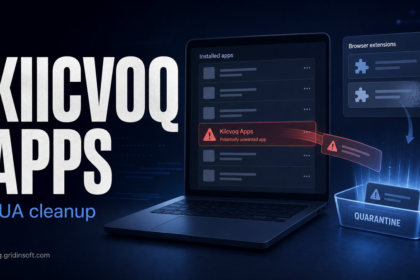 Kiicvoq Apps PUA cleanup illustration showing an unwanted app and browser extension removed