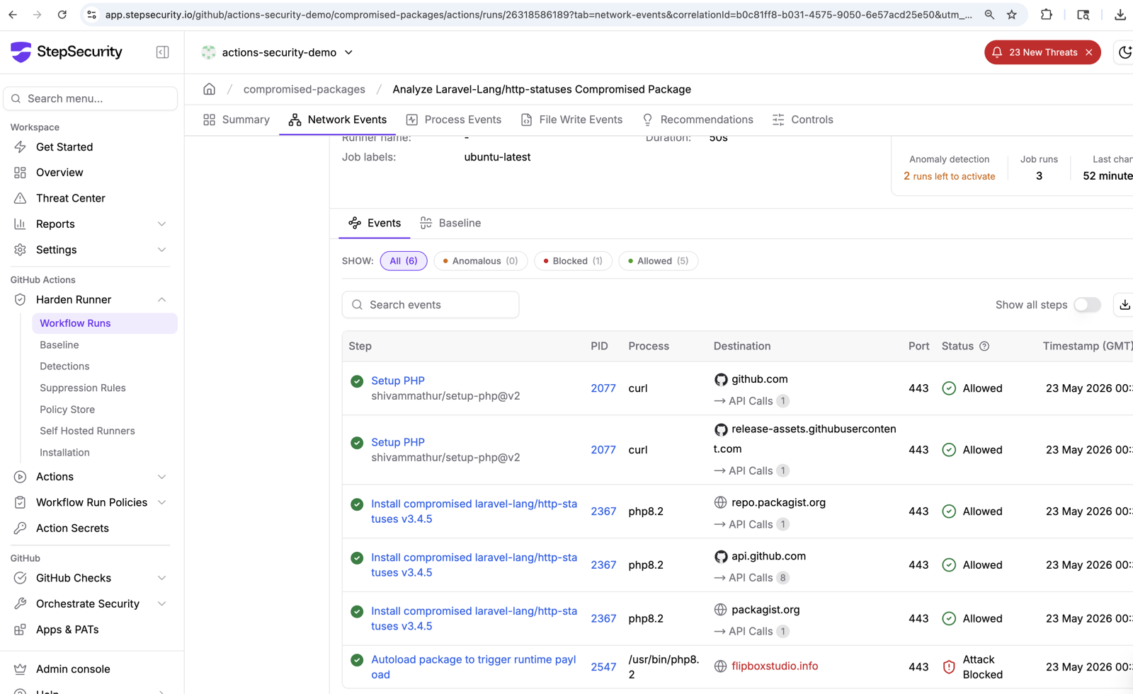 StepSecurity network events showing Laravel-Lang payload traffic to flipboxstudio info