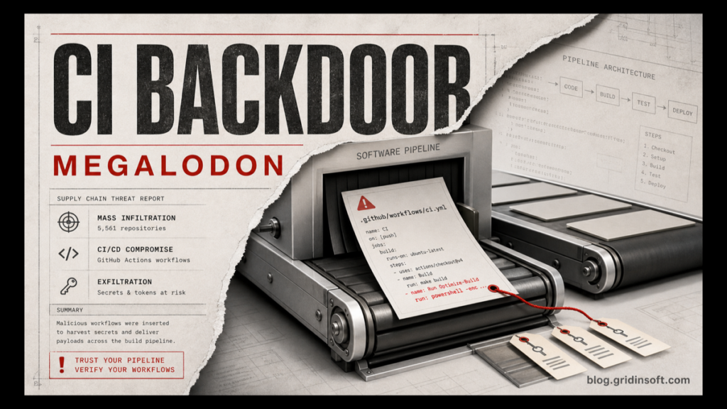 Megalodon GitHub Actions malware shown as a CI backdoor entering a software pipeline.